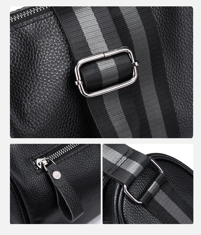 Black genuine leather one-shoulder crossbody bag showing its size and style.