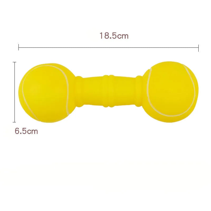 Brown orange white yellow football-dumbbell shaped dog chew toy with squeaky mechanism