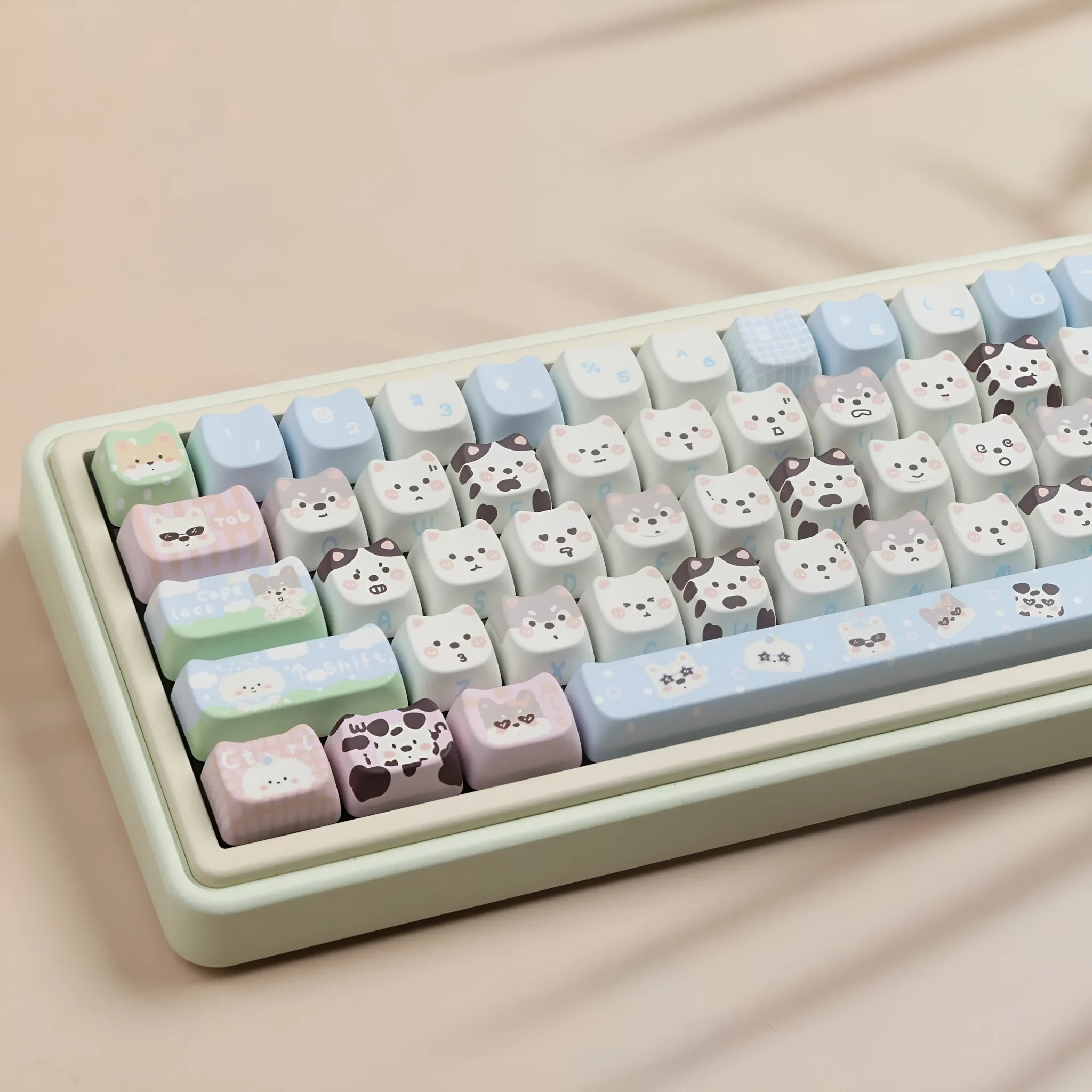Complete set of 127 PBT key caps with sublimated cat and puppy designs for mechanical keyboard customisation
