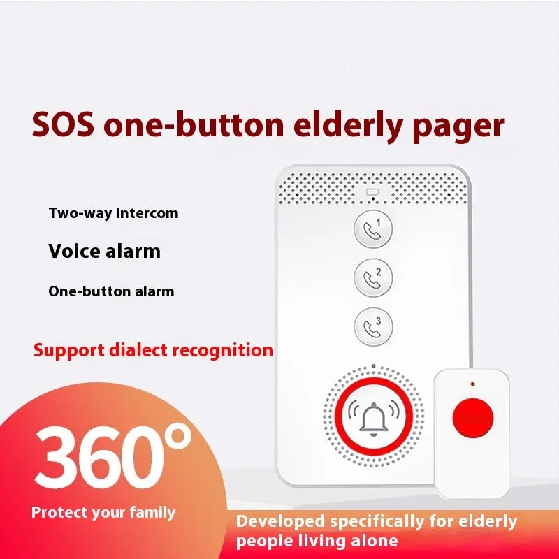 White one-click voice emergency alert device with buzzer and three wireless call buttons.