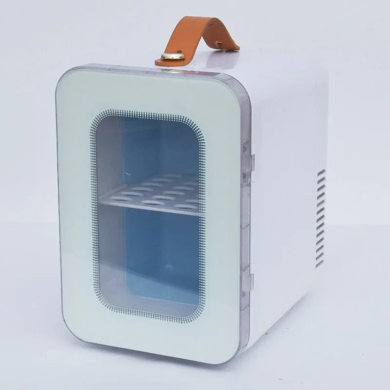 Pink mini refrigerator with transparent door showing dual hot and cold functionality for car and home use
