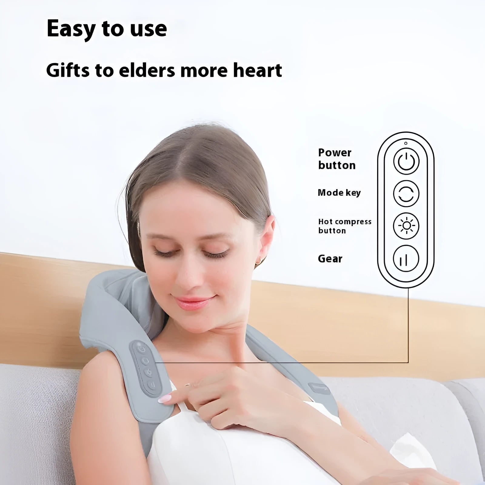Grey elastic fabric neck massager with USB charging cable showing infrared physiotherapy function