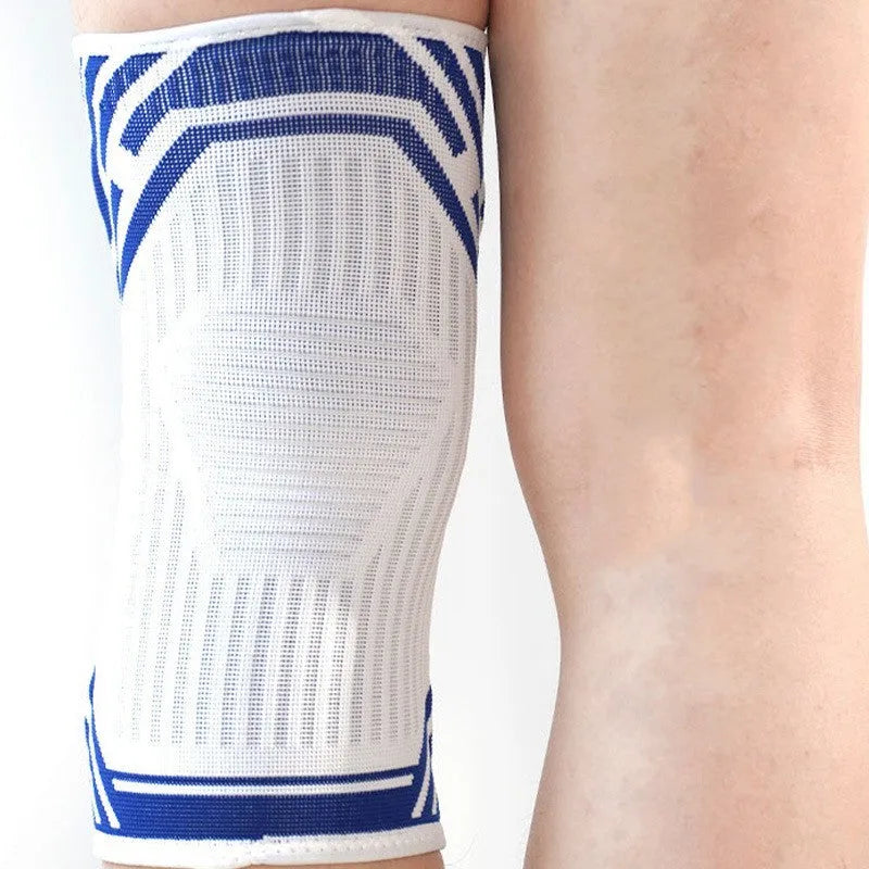 Blue high elasticity cotton knee pad for adult sports like basketball and running.