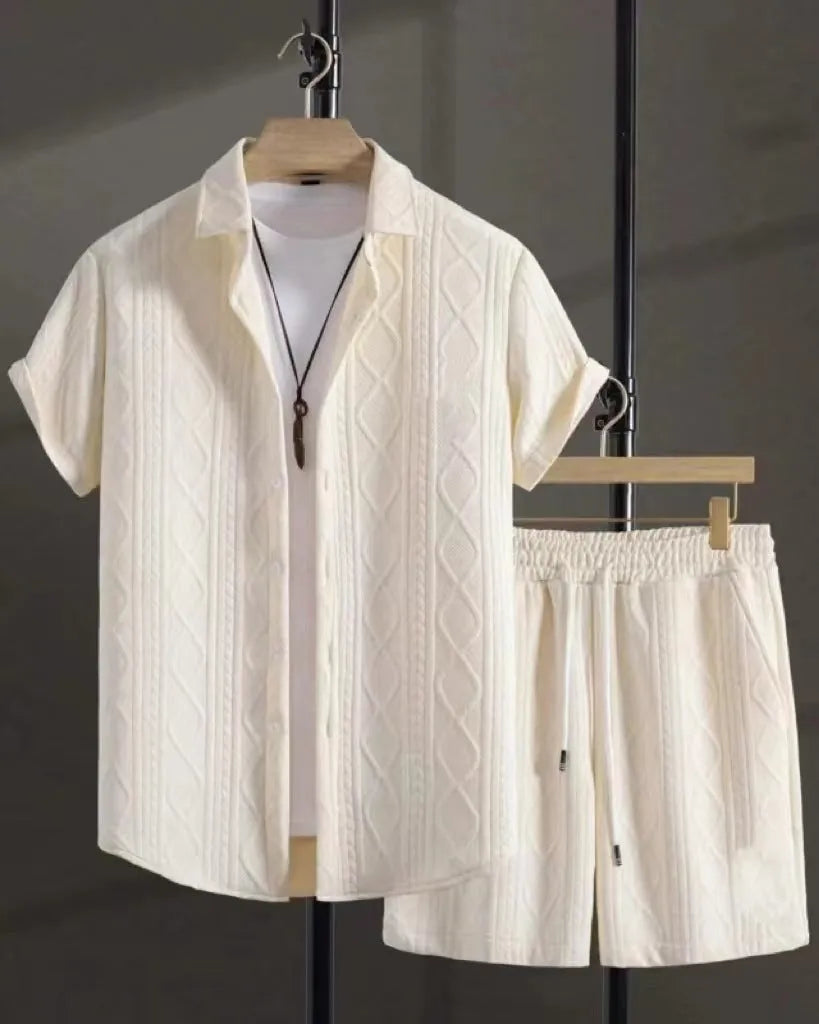 Black and white jacquard short sleeve suit set with shirt and shorts in solid color