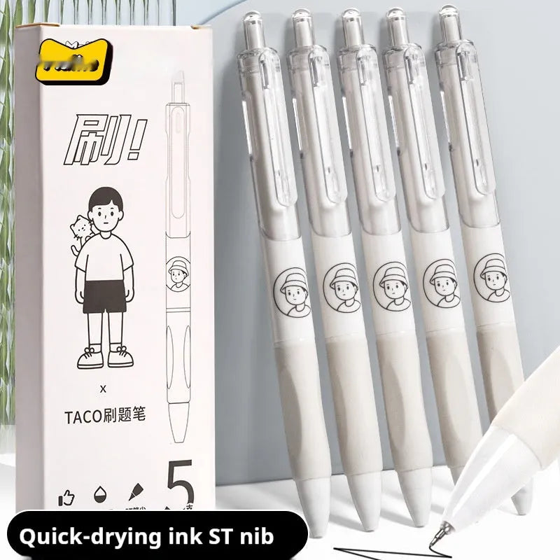 Five white and black Taco series 0.5mm press-action ballpoint pens laid side by side.