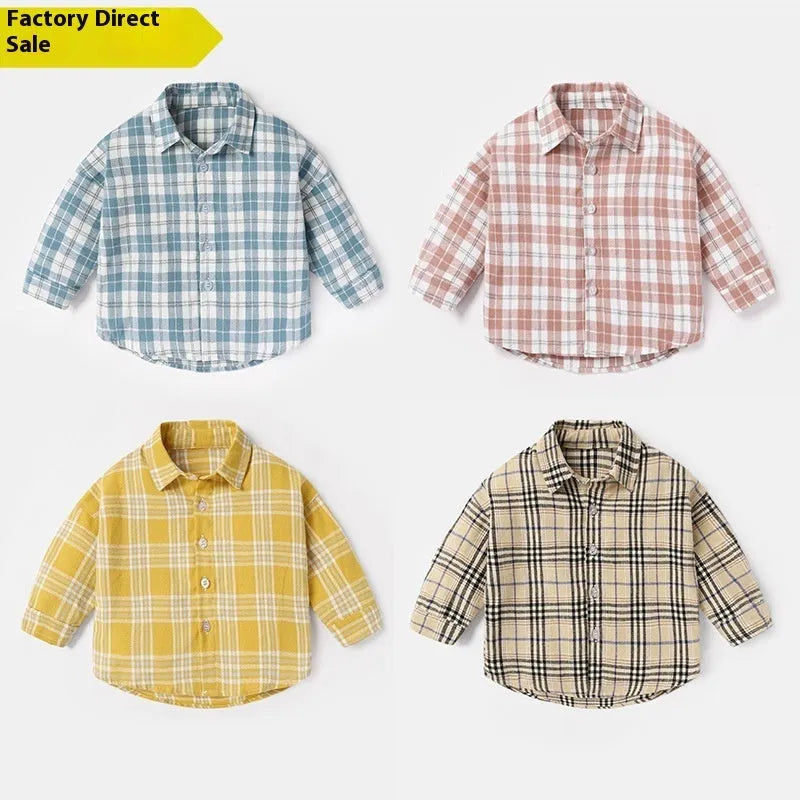 Boy's cotton lattice print long sleeve shirt in khaki, light blue, pink, or yellow for spring autumn wear