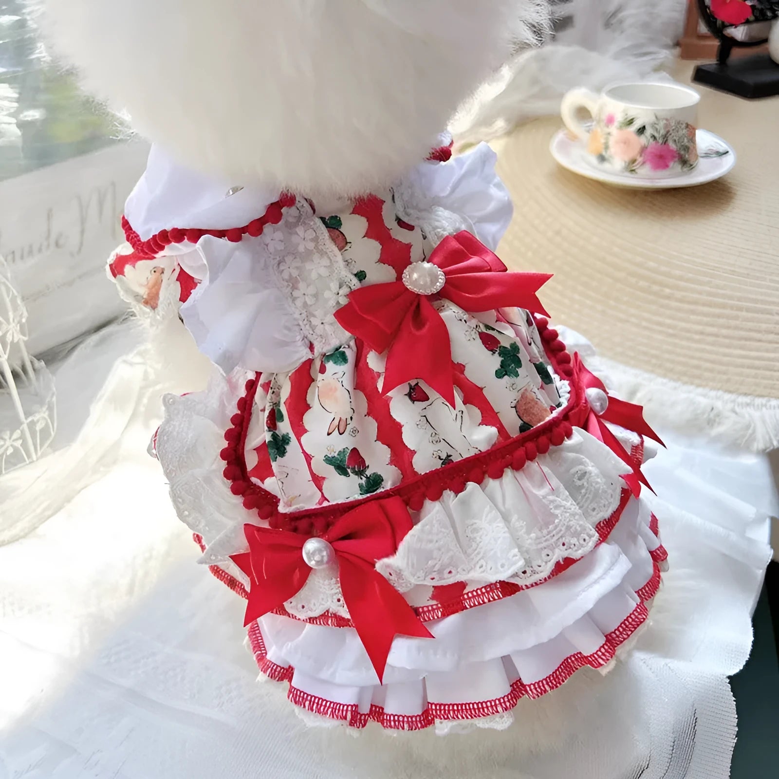 Rabbit skirt pattern princess style dog dress on a small dog, showing the fit and design.