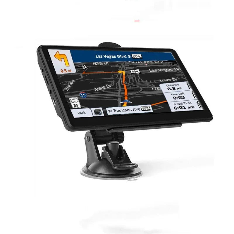 7-inch portable car GPS navigation device with mount and charger on a car dashboard