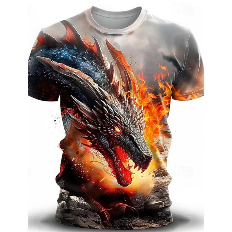 Men's 3D wind dragon printed short-sleeved T-shirt in milk silk polyester fabric