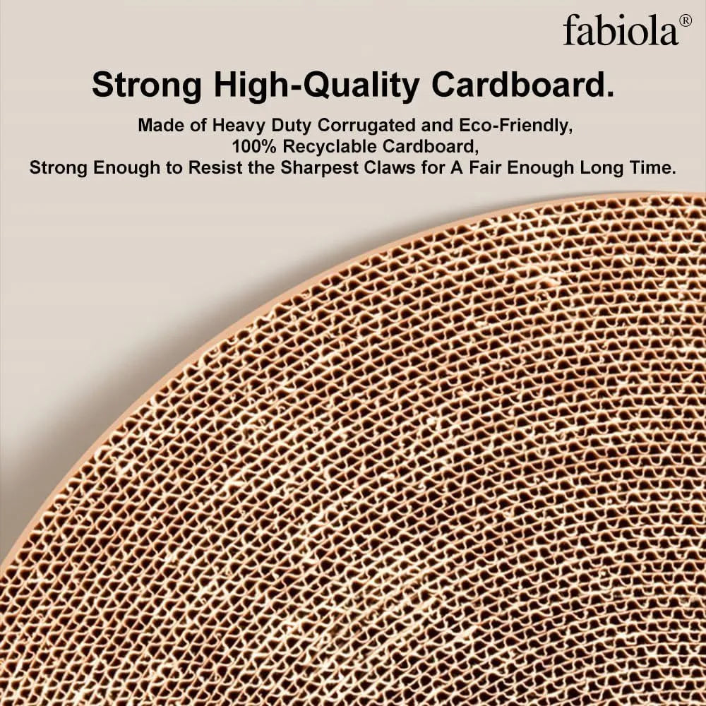Large circular cat scratching board with replaceable cardboard centre and integrated ball toys