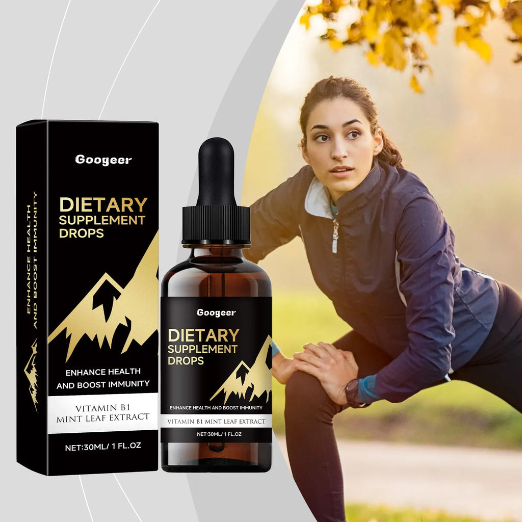 30ml clear bottle of liquid dietary supplement drops with a black dropper cap.
