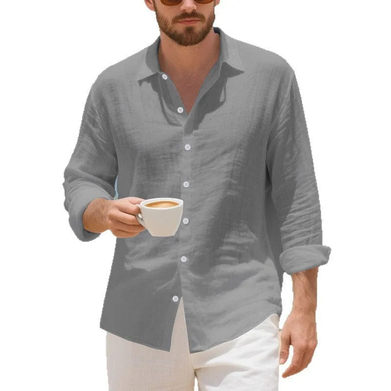 Men's loose-fit linen casual shirt in Army Green colour, showing non-ironing style