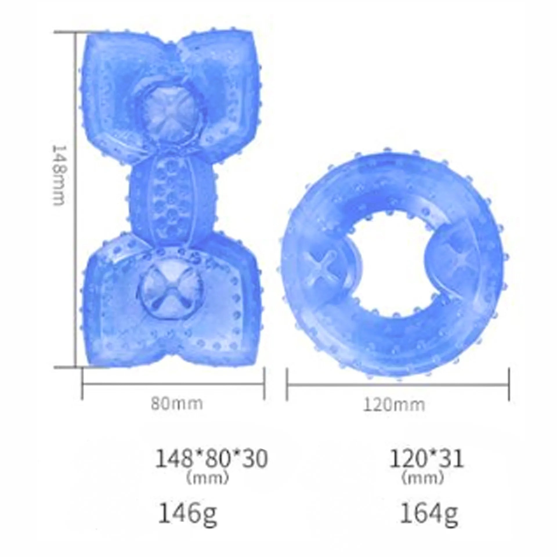 A freezable bone-shaped dog chew toy with a treat cavity, shown alongside a circle-shaped variant.