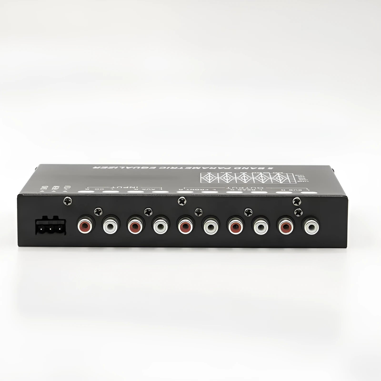 Black car audio EQ equaliser amplifier with control panel showing frequency and volume adjustments