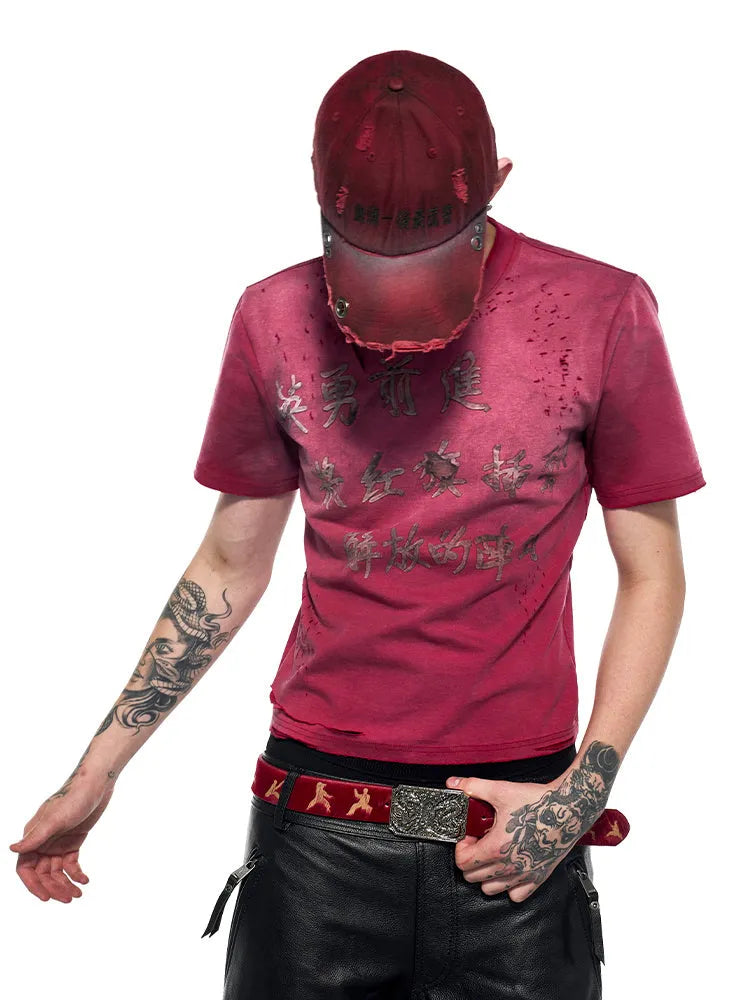 Men's slim-fit distressed red T-shirt with round neck collar and short sleeves on white background