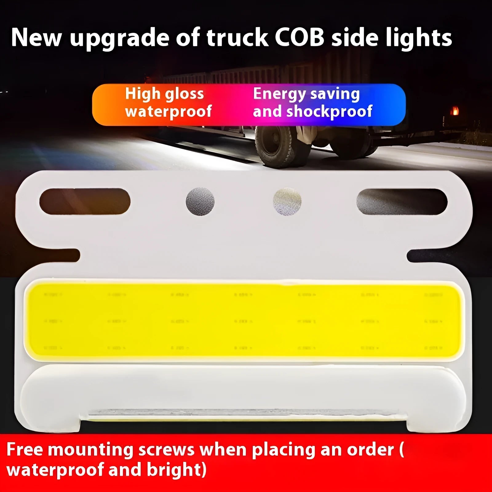 Aluminium alloy truck side light with COB LED in blue, green, red, white, or yellow for 12V or 24V vehicles.
