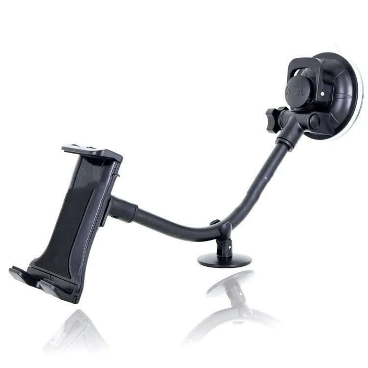 Black vehicle-mounted tablet bracket with adjustable lifting mechanism and long suction cup for 4-12 inch devices