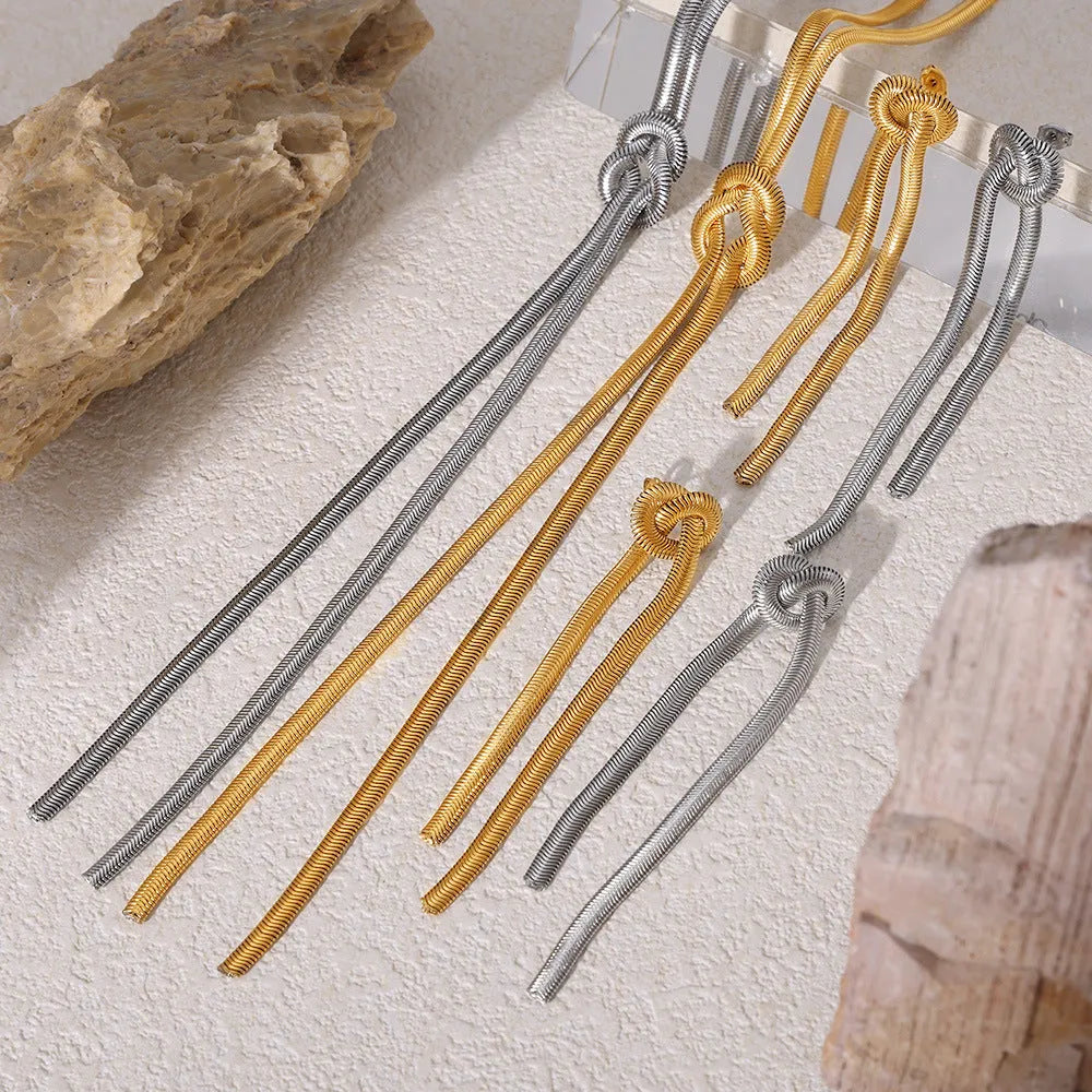 Gold knotted tassel snake chain long necklace with matching earrings set for women