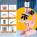Children's plastic microscope toy with 1200x HD lens, prepared specimen slides, and mobile phone holder on a white background
