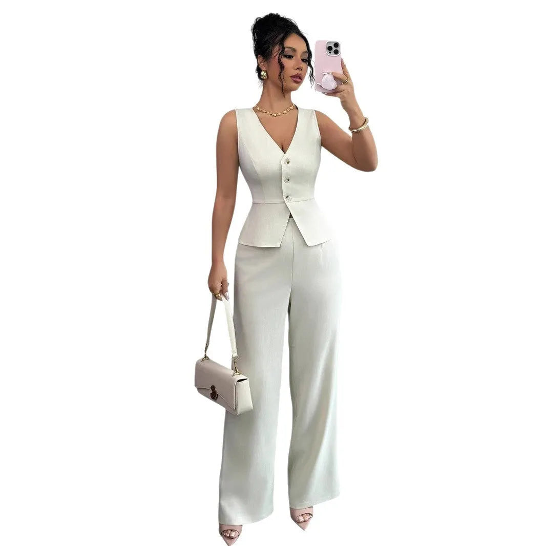 Women's solid colour sleeveless vest and high-waist trousers two-piece set in casual Japanese Korean style