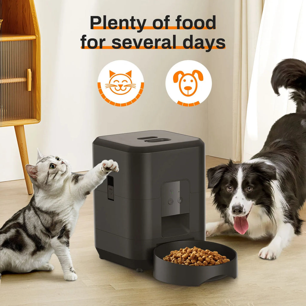 Pet automatic feeder for cats with remote control options and multiple international power supply standards