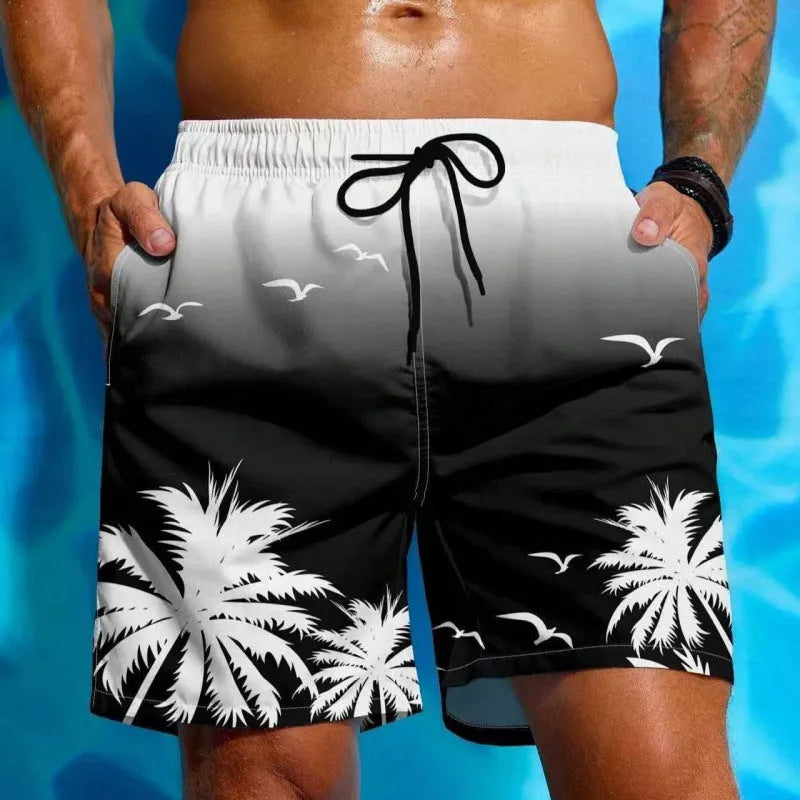 Men's ethnic style loose swimming trunks in polyester fabric on a size chart showing colours J001 to J009.