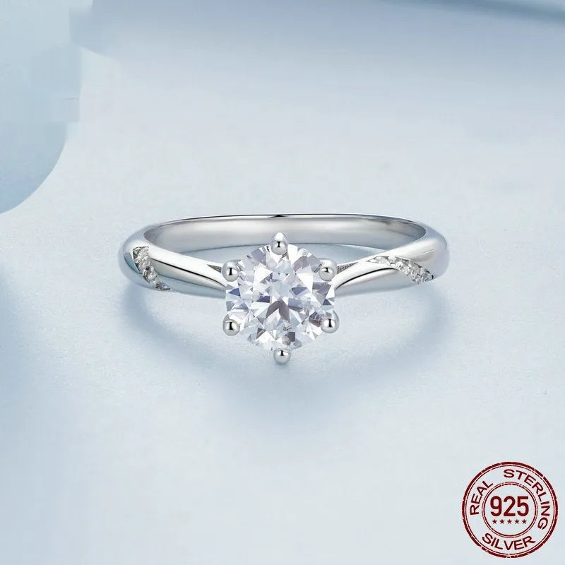 Silver electroplated moissanite ring with 1 karat stone, MSR003, slim 0.25cm band