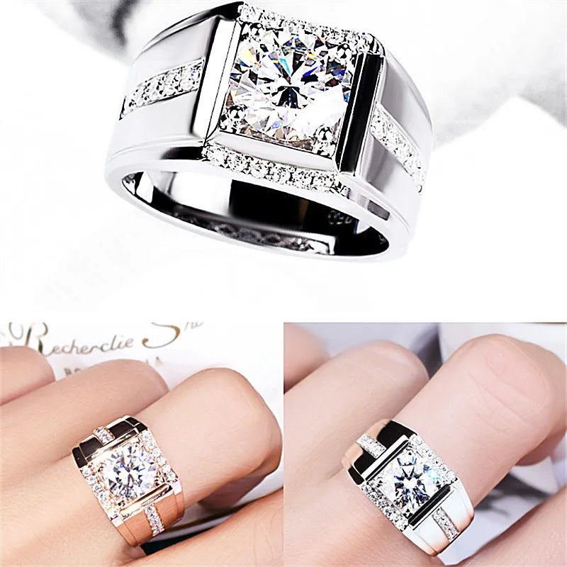 Men's adjustable imitation moissanite ring with geometric diamond zircon stones in open mouth design