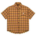 Yellow check short-sleeve plaid shirt with an embroidered chest pocket, shown on a hanger.