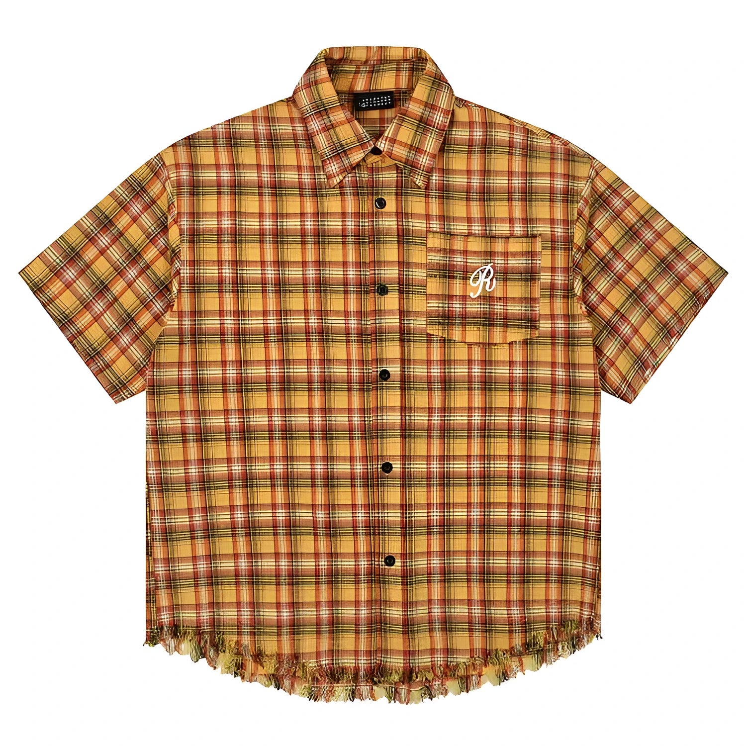 Yellow check short-sleeve plaid shirt with an embroidered chest pocket, shown on a hanger.