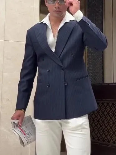Men's striped double breasted blazer jacket on a hanger showing regular fit design