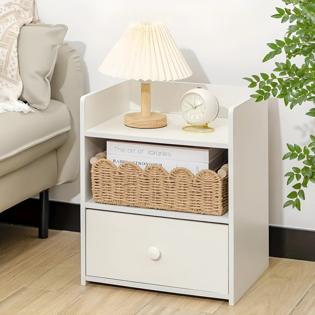 Rectangular woven paper storage basket in a neutral colour on a wooden desktop