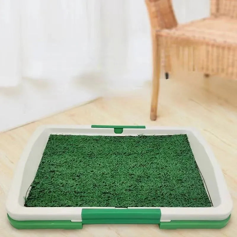 Green turf pet dog grass patch toilet with three layers and removable base tray for indoor potty training