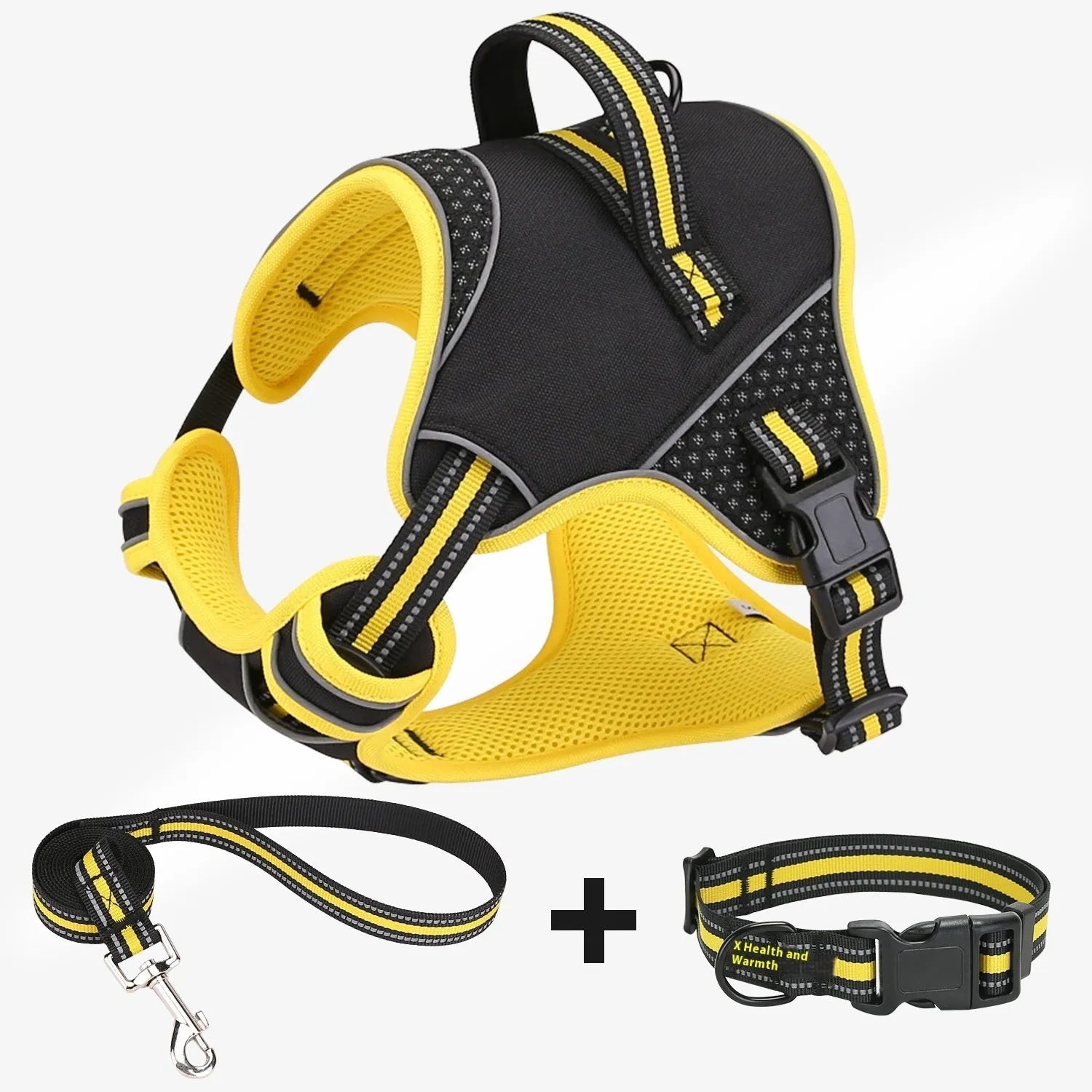 Orange anti-escape dog harness and traction lead set shown on size chart for S, M, L.