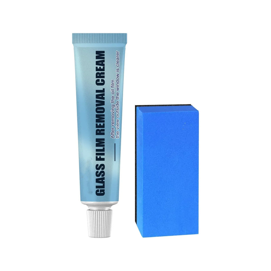 Blue packaged car glass oil film remover bottle and sponge for cleaning windscreens and windows