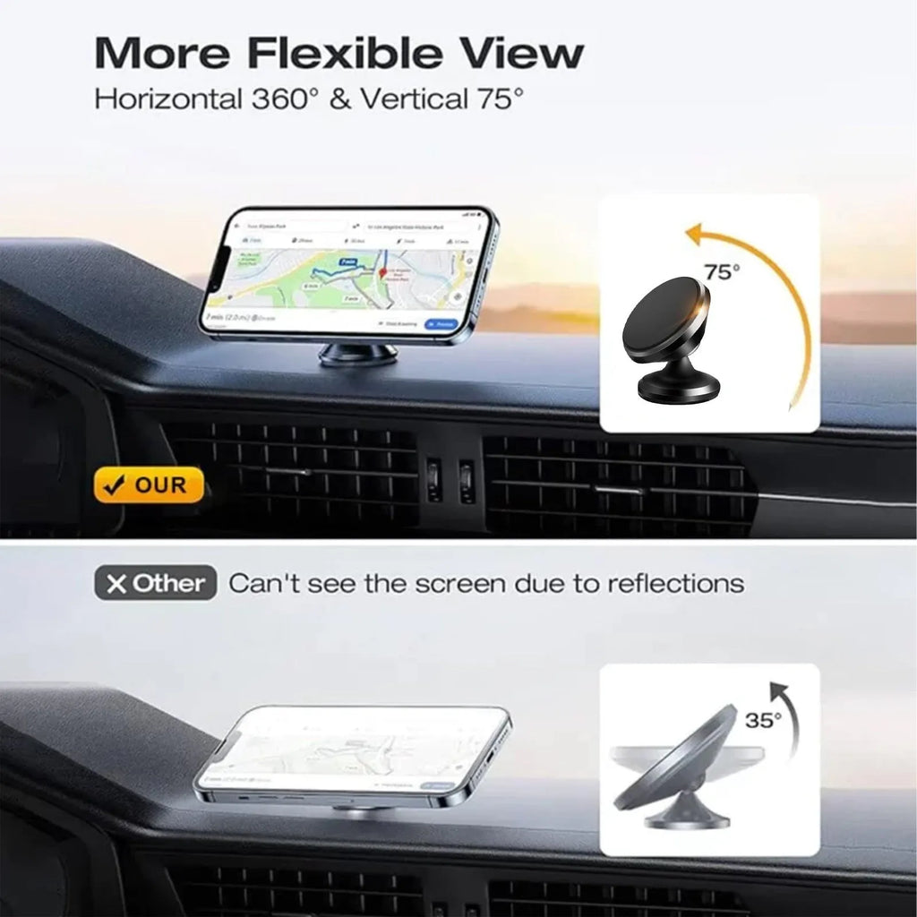 Magnetic car foldable phone holder in black ABS with dimensions 3.2x3.5cm on a car dashboard