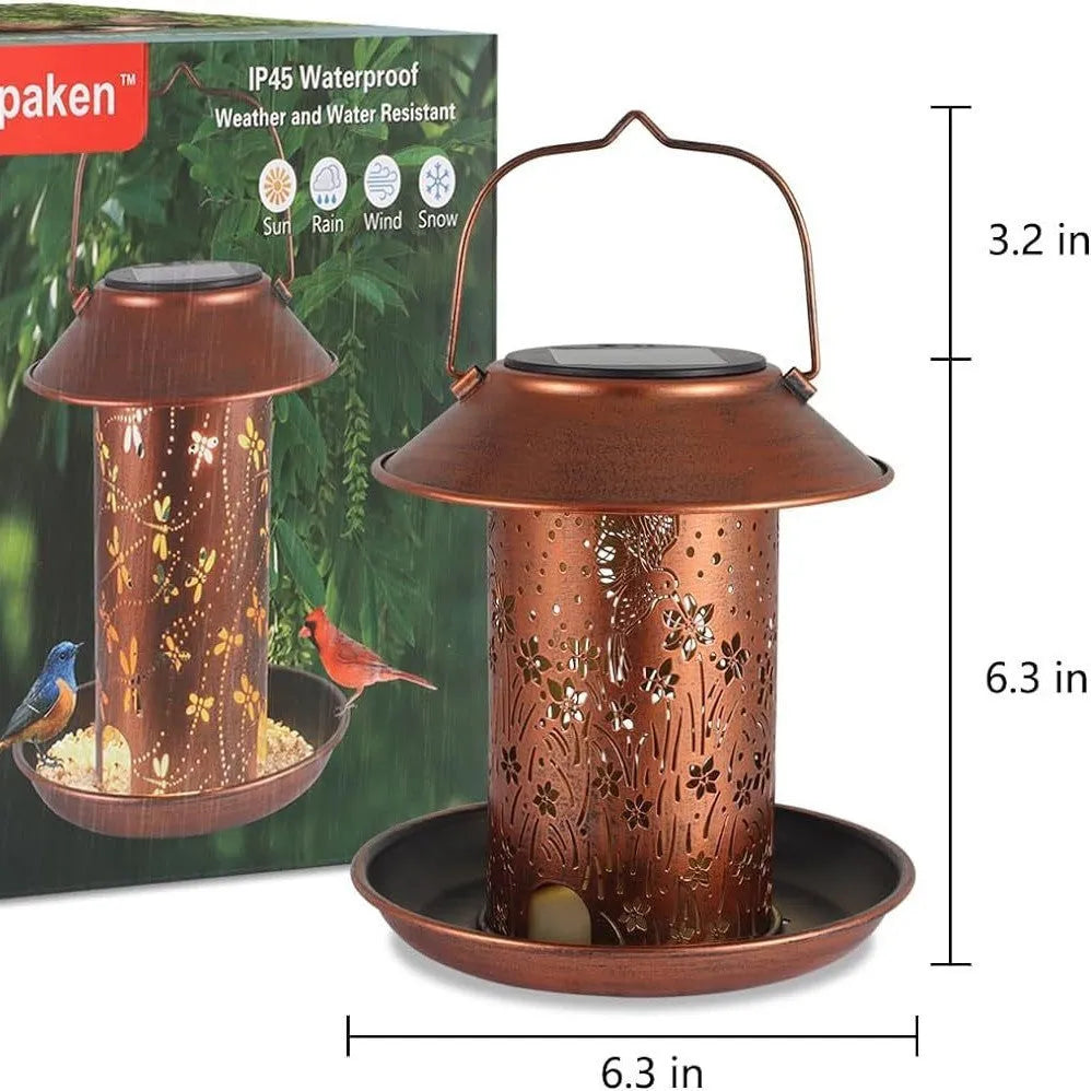 Solar-powered hummingbird-shaped iron art lamp feeder for outdoor gardens with bird feeding function