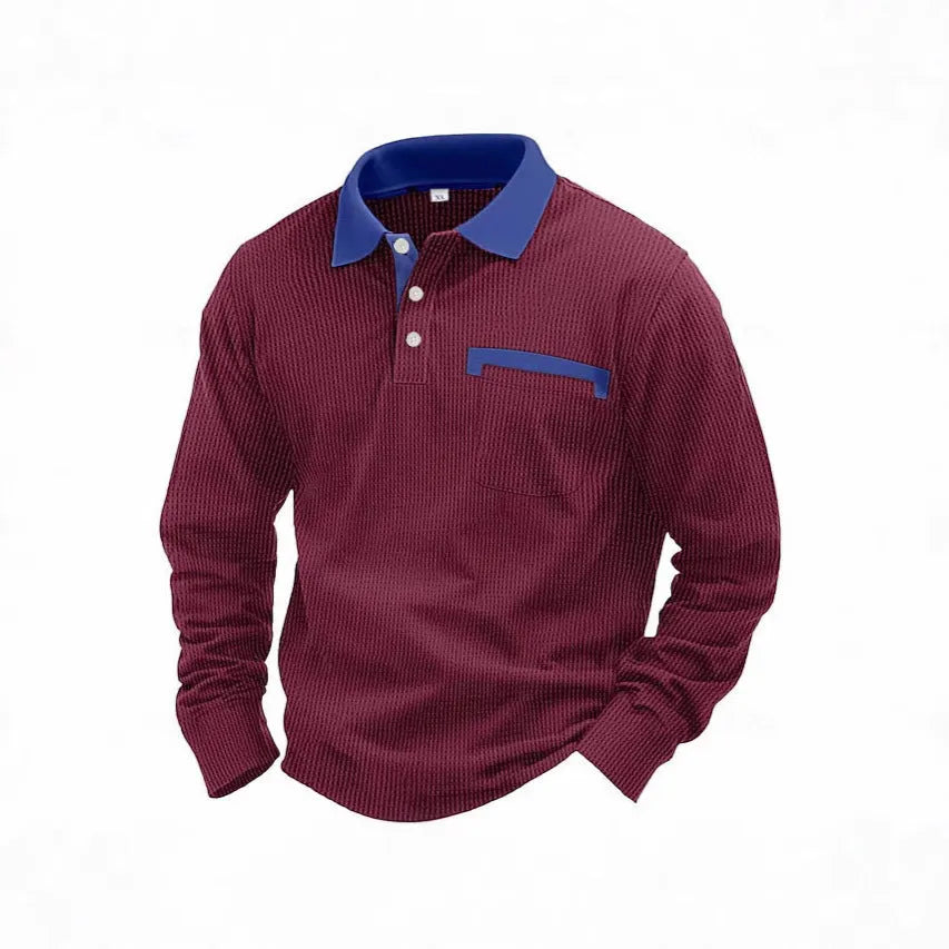 Men's long-sleeved waffle knit polo shirt in a solid colour with a loose, retro fit.