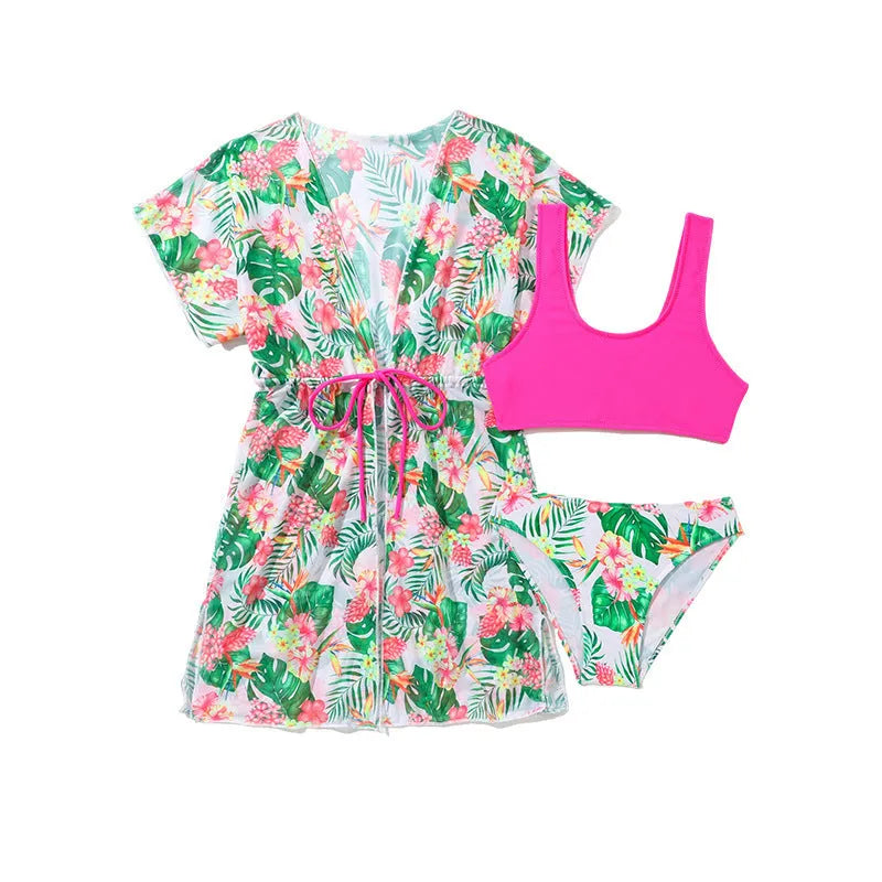 Girls floral two-piece swim briefs in a Korean style, high elasticity polyester fabric.