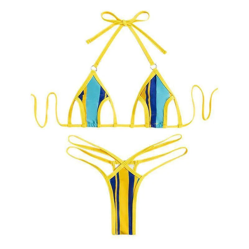 Yellow women's split swimsuit with neck-hanging style, backless hollow design, and high-waist shorts.
