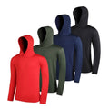 Men's lightweight polyester hoodie bundle in multiple colours, showing front view of hoodie with and without hood.