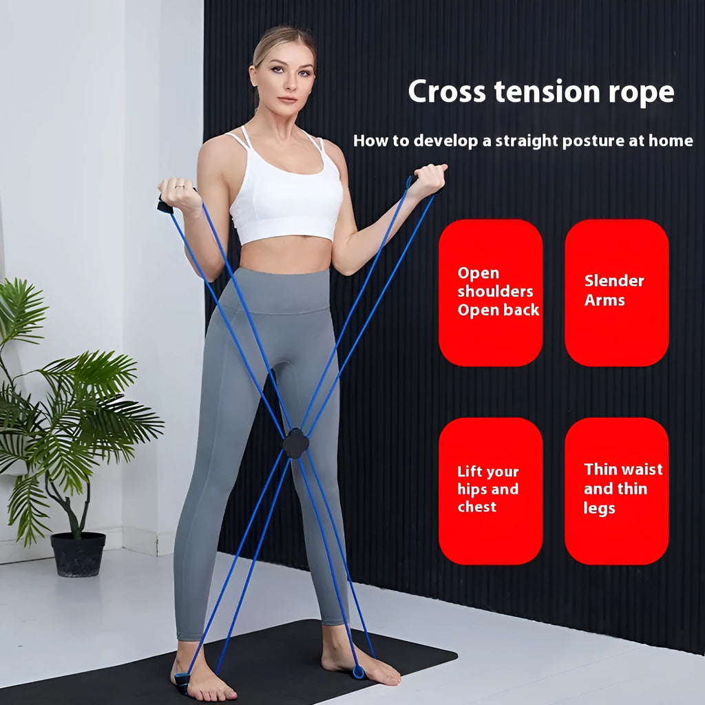 Blue and red eight-character TPR shoulder puller with cross tension device for female fitness training.