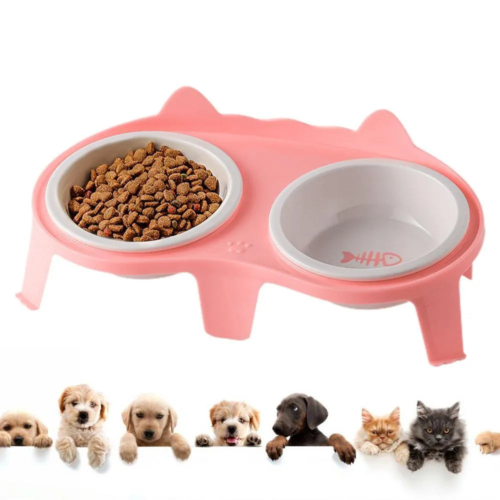Ceramic cat food and water bowl set with elevated tilted stand in choice of colours