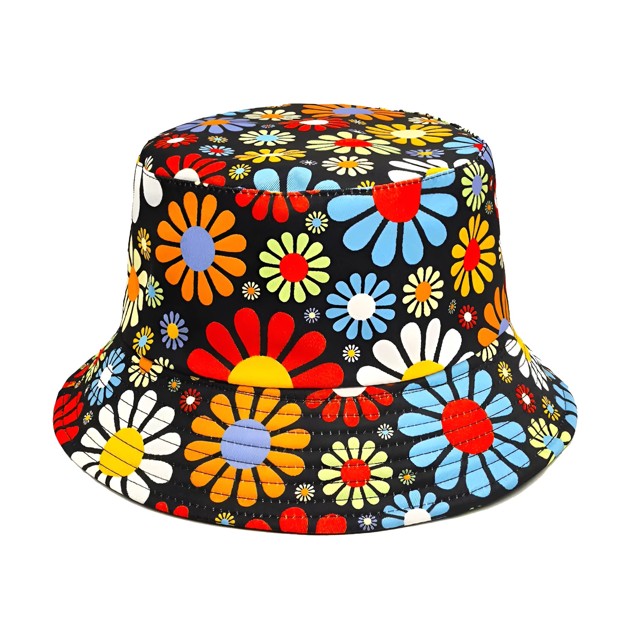 Colourful floral print polyester bucket sun hat with a dome crown, shown on a white background.