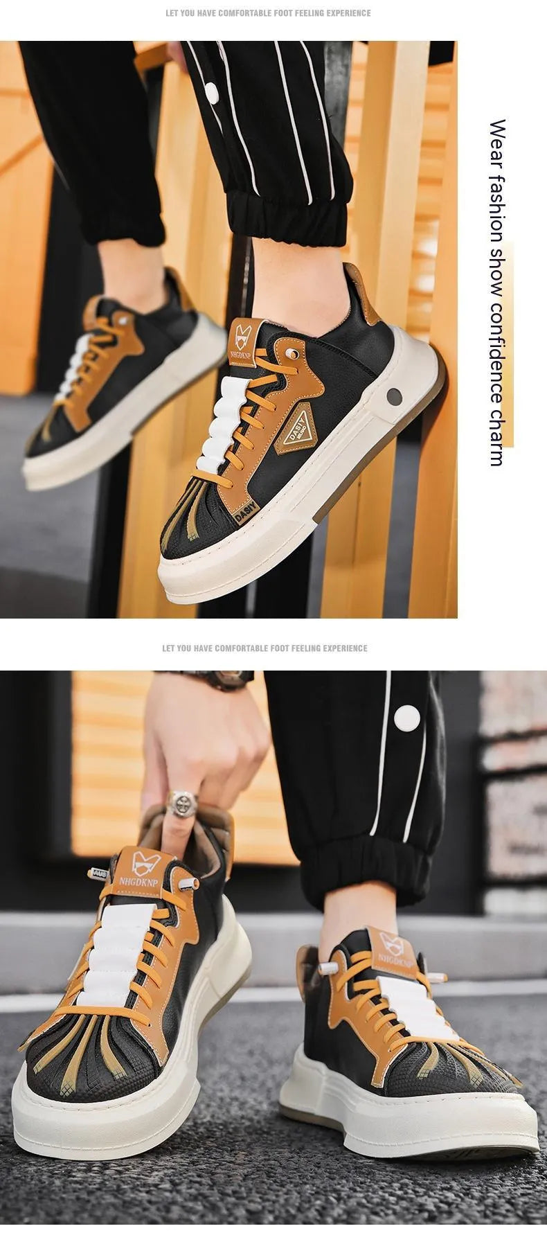 Men's beige and black elastic band casual sneakers with round toe and mesh lining