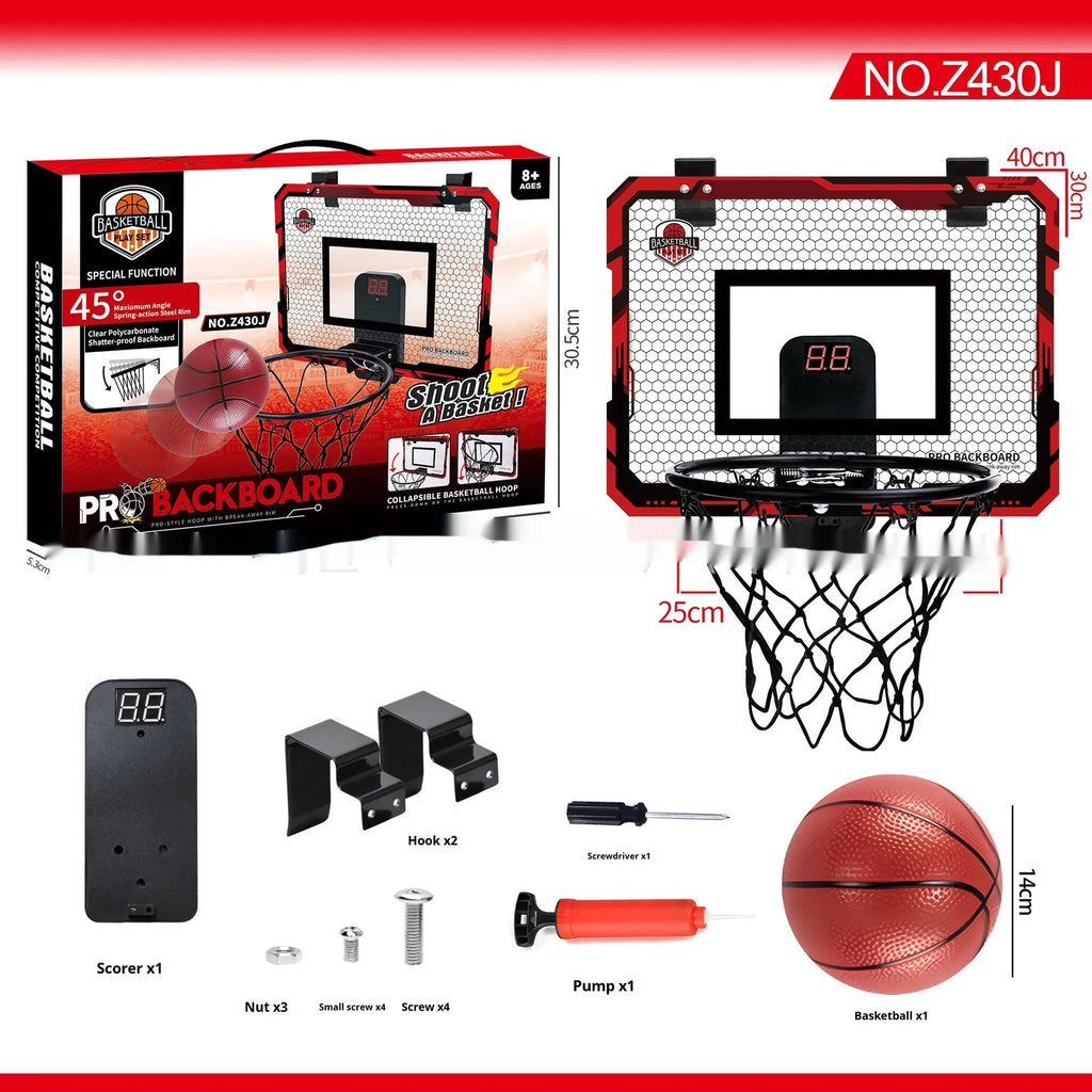 Red and blue folding indoor basketball frame with suction cups mounted on a door, showing dunking action.
