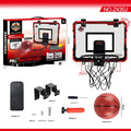 Red and blue folding indoor basketball frame with suction cups mounted on a door, showing dunking action.