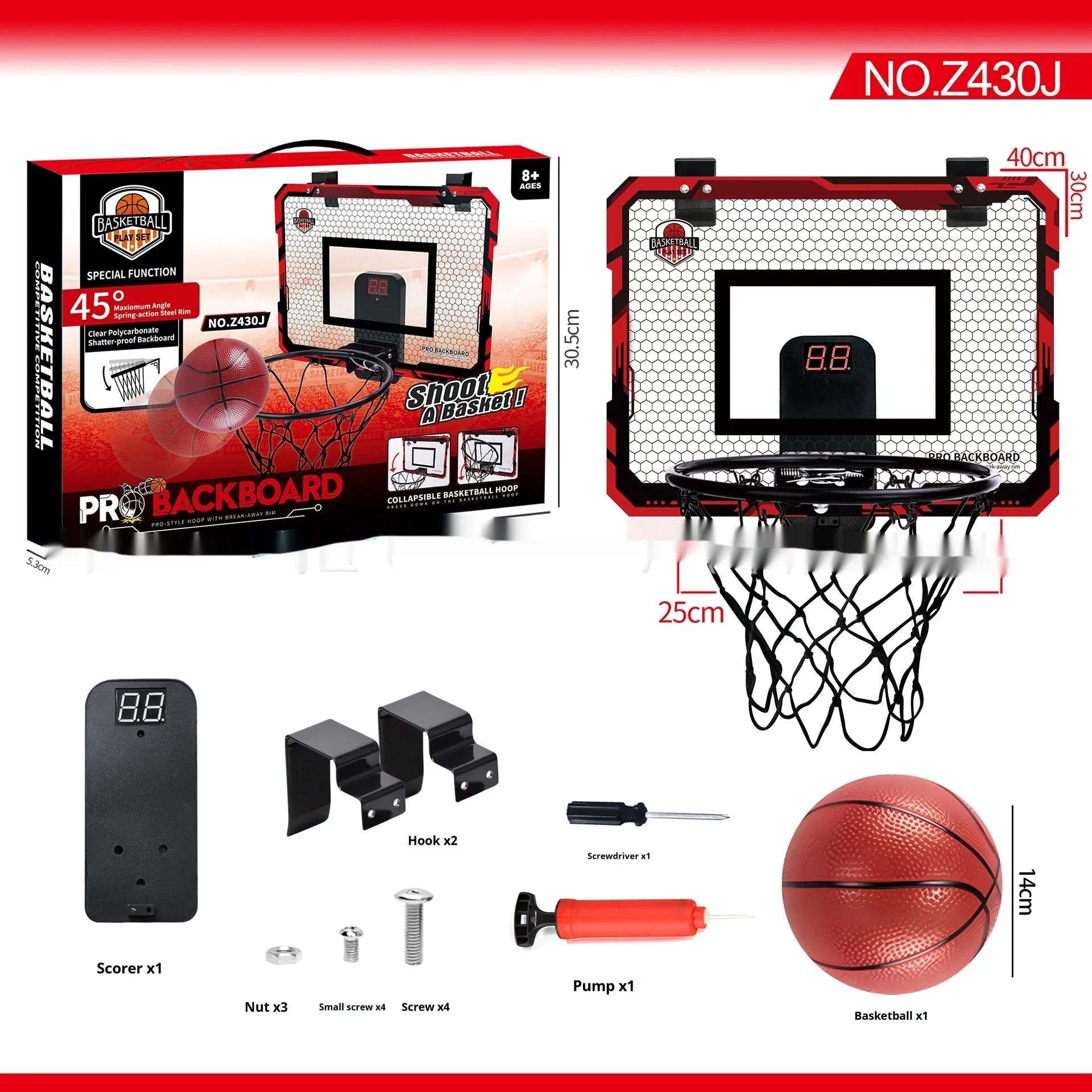 Red and blue folding indoor basketball frame with suction cups mounted on a door, showing dunking action.