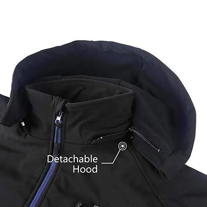 Black USB heated waterproof windproof thermal coat for men with straight hem and zipper pockets