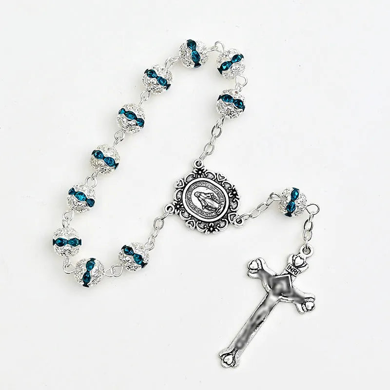 Virgin Mary cross shaped glass and alloy car hanging ornament with ball bead chain